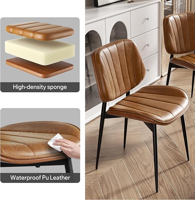 Dining Chairs Set of 6, Mid Century Modern Dining Room Chairs, Upholstered Faux Leather Kitchen Chairs with Walnut Bentwood Back and Metal Legs, Brown