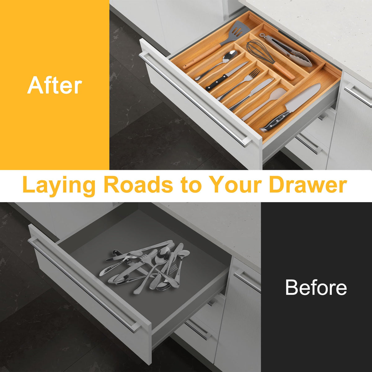 oridom Large Premium Bamboo Silverware Organizer - Expandable Drawer Organizer & Utensil Organizer - 17"x19.7" Cutlery Tray with Dividers for Kitchen Utensils and Flatware (7-9 Slots) (Natural)