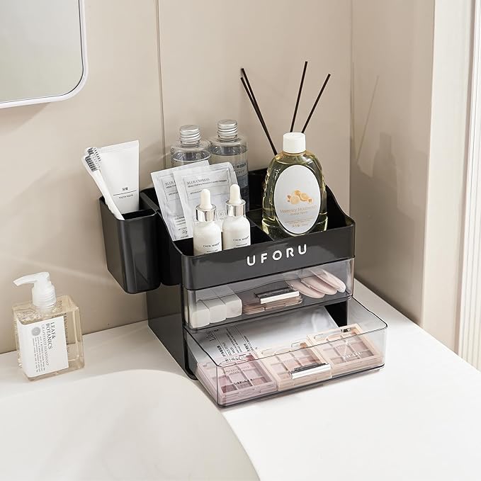 Makeup Organizer for Vanity with Brush Holder, Countertop Organizer with 2 Drawers, Spacious Cosmetic Display Case for Beauty Essential, Skincare, Lipstick
