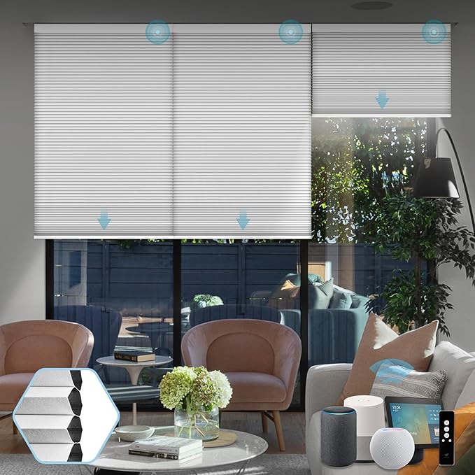 SmartWings Motorized Cellular Shades, Honeycomb Blinds Compatible with Zigbee/Alexa/Z-Wave/Homekit, Wireless Remote Control for Smart Home and Office in Customized Size,100% Blackout White