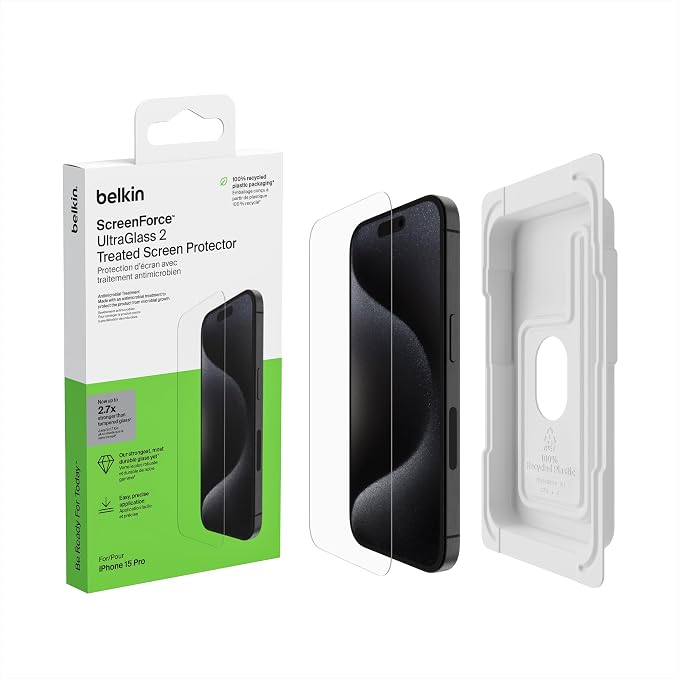 Belkin UltraGlass2 Scratch-Resistant Screen Protector iPhone 15 Pro | advanced nanotech glass up to 2x stronger scratch resistant shatterproof case-compatible crystal clear easy align tray