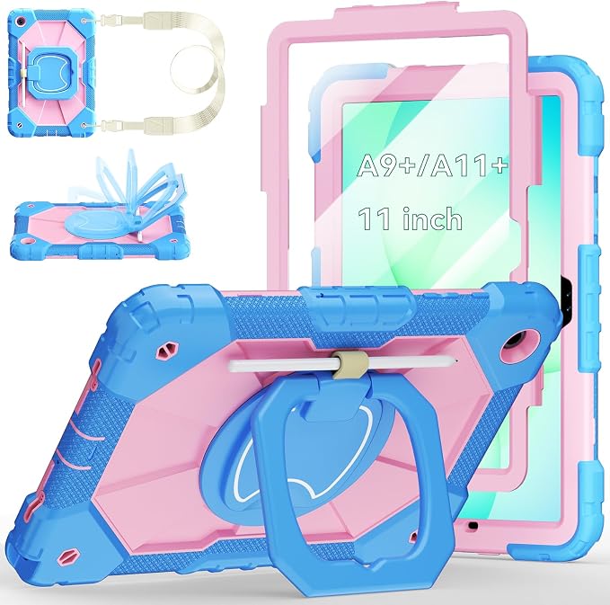Case for Samsung Galaxy Tab A9 Plus 11 Inch 2023 Ubearkk Rugged Case for Samsung Galaxy A9+ Tablet SM-X210/X216/X218 with Screen Protector 360 Rotating Stand Shoulder Strap Pen Holder Black