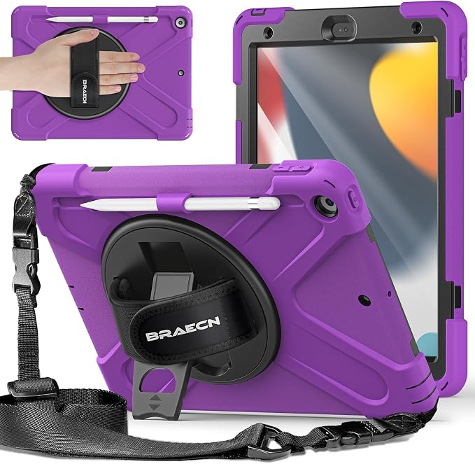 BRAECNstock Shockproof Case for iPad 9th/8th/7th Gen 10.2 Blue | All-in-1 Case Hand Strap &amp Stand Shoulder Straps Pencil Holder Screen Protector – For Office Commute &amp Presentation