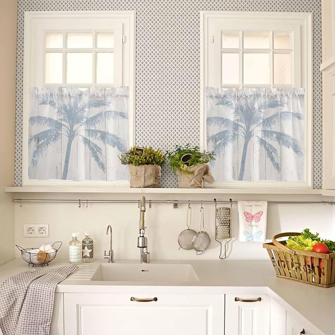 Summer Coconut Tree on Vintage Wood Grain Window Valance Curtains, Seaside