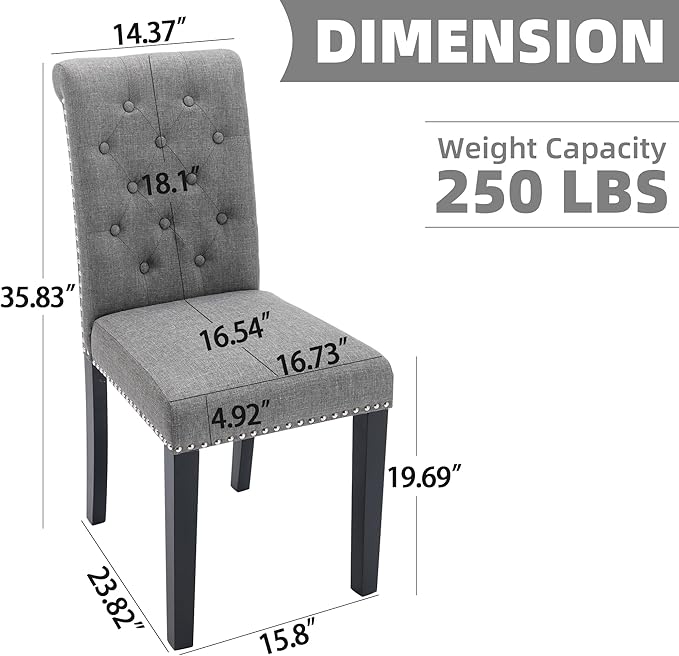 Westice Dining Room Chairs Set of 2 Upholstered Fabric Kitchen Chairs Dining Room Side Chair with Nailhead Trim and Rubber Wood Legs for Small Space Apartment, Gray