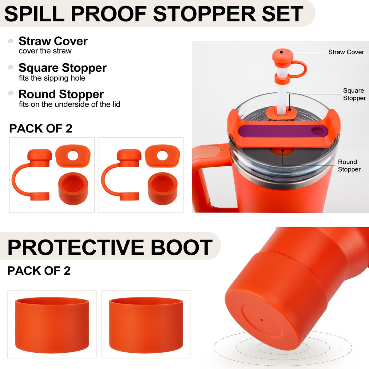 HYZ 8pcs Stanley Cup Accessories, Spill Proof Stopper & Boot Set, Tigerlily