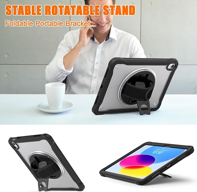 Case for iPad (A16) 11th/10th Generation 2025/2022 11/10.9 inch Rugged Shockproof Protective Cover with Screen Protector 360° Rotating Hand Strap&ampStand Pencil Holder Black