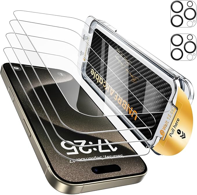 UNBREAKcable for iPhone 15 Plus Screen Protector 4+2 Pack [9H+ Military-Grade Shatterproof] [Effortless Bubble-Free Installation] Ultra HD Clarity Tempered Glass with Lens Protector Case friendly