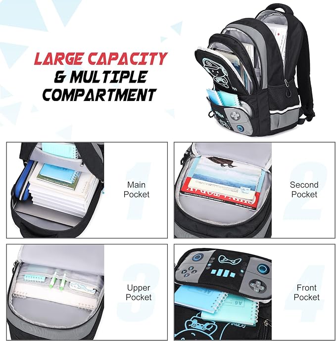 Bevalsa Backpack for School Boys, Cool Luminous Gamer Boys Backpack with Lunch Box & Pencil Pouch Set for Kids Children Teens Elementary Middle Schools, Schoolbag Bookbag Glow In The Dark (Grey)