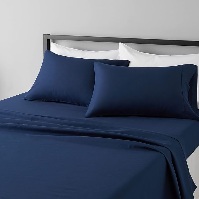 Amazon Basics Lightweight Super Soft Easy Care Microfiber 4 Piece Bed Sheets Set with 14-Inch Deep Pockets, Queen, Navy Blue, Solid