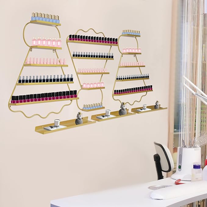 Metal Wall Mounted Nail Polish Racks Display Rack Cosmetic Display Case Lipstick Perfume Wall Shelf Essential Oil Organizer for Nail Polish Bottles Spa Nail Salon Shop (Gold)