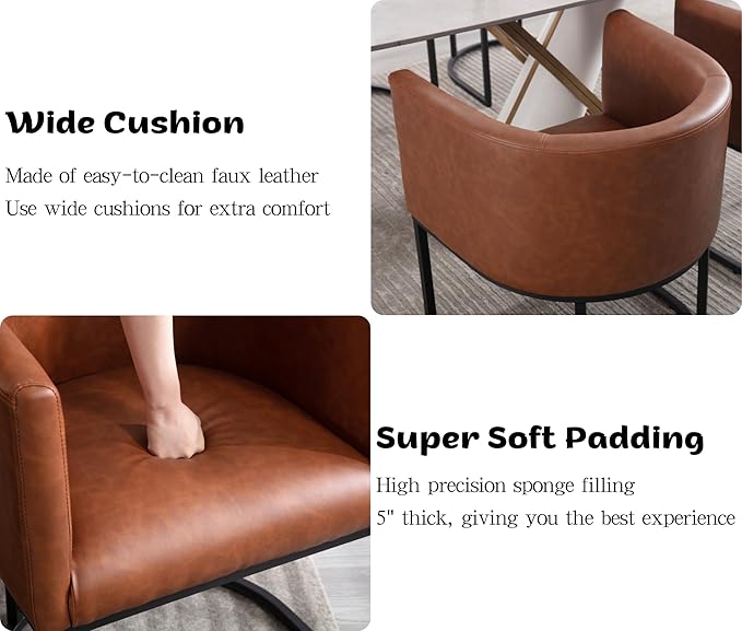 Faux Leather Dining Chairs Set of 8 Modern Barrel Arm Chairs with Black Metal Frame, Upholstered Kitchen Chairs 18.5" Wide Accent Chairs for Living Room Dining Room Restaurant, Brown