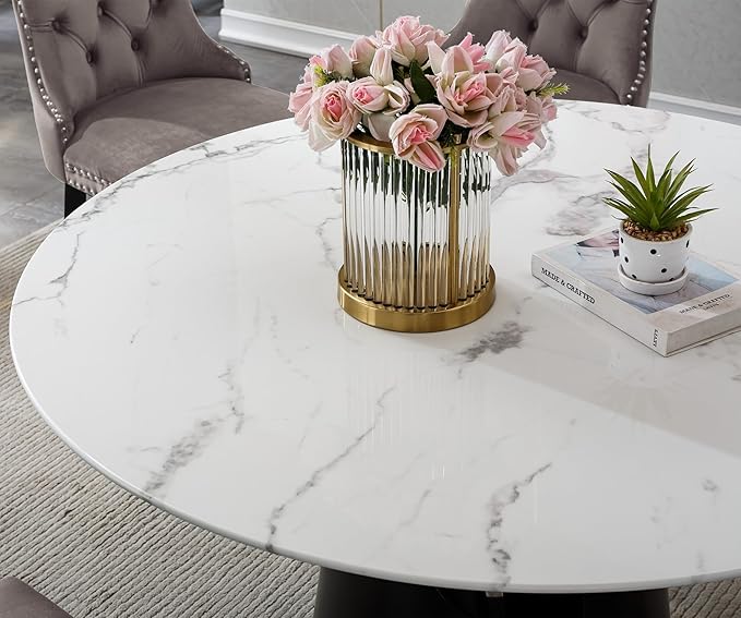 7-Piece Faux Marble Round Dining Table Set for 6, Modern Luxury Kitchen Table Set for 6 with Beige Tufted Chairs,Circle Dining Tables with White Marble Grain Top and Black Pedestal Base