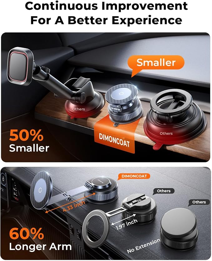 Vacuum Magnetic Car Phone Holder for Magsafe，Long Arm for Tesla Model Y/3 | All Metal，Nano Gel 119+LBS Max Suction，Foldable Hidden Tesla Phone Mount，360°Rotation，Easiest Car Mount for iPhone &amp And