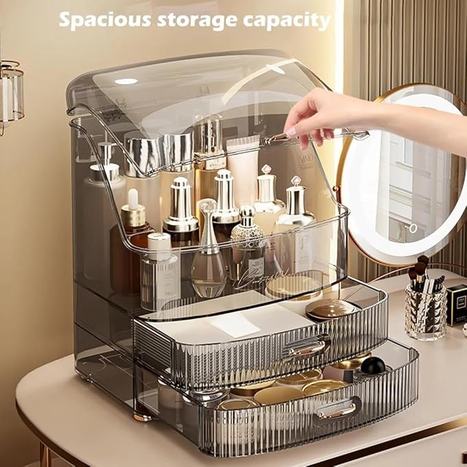 Clear Makeup Organizer Countertop with Drawers and Lid, Dustproof Organizers and Storage for Bathroom Vanity, Ideal for Cosmetic, Beauty Supplies -Black