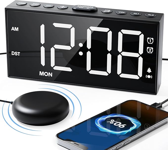 Loud Alarm Clock with Bed Shaker for Heavy Sleeper,3-level Vibrating,Large Digits,Weekday/Weekend Mode,Dual Alarms for Hard of Hearing/Deaf, 5 Volume,Dimmer,USB Charger,Snooze,Battery Backup