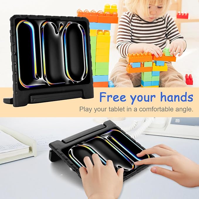 Kids Case for iPad Pro 11 M5/M4 &amp iPad Air 11 (2026/2025/2024) Shockproof Case with Pencil Holder Techcircle Light EVA Foam Handle Stand Bumper Protective Child Friendly Drop Proof Cover Black
