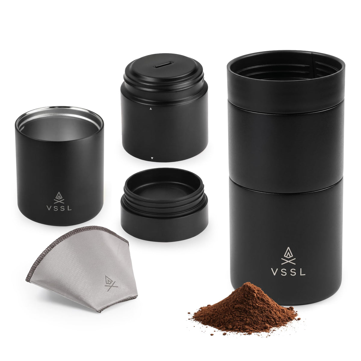VSSL - Nest Pour Over Coffee Set | Coffee Maker for Camping | All-In-One Travel Pour Over | Transportable Dripper, 10oz Stainless Steel Travel Mug | Compact Storage & Adventure Ready | Deep Moss