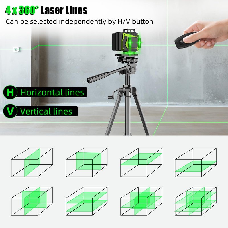 16 Line Laser Level with Tripod,4x360° Self Leveling Laser Level with 2 Batteries,4D Laser Level 360 Self Leveling,Green Line laser Level Tool for Construction,Picture Hanging,Home Renovation