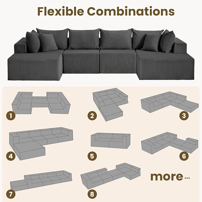 Oversize 131” Boneless Couch for Living Room, Comfort U Shaped Cloud Couch Sectional, Extra Deep Seats Corduroy Modular Sectional Sofa No Assembly,Grey