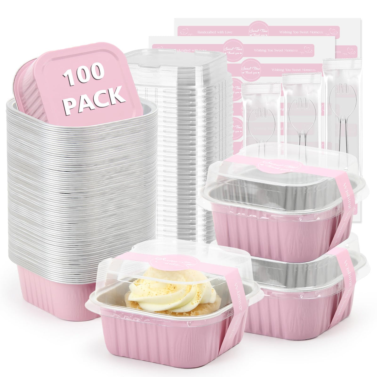 5oz 100pcs Mini Loaf Pans with Lids and Spoons,Square Black Gold Loaf Pans