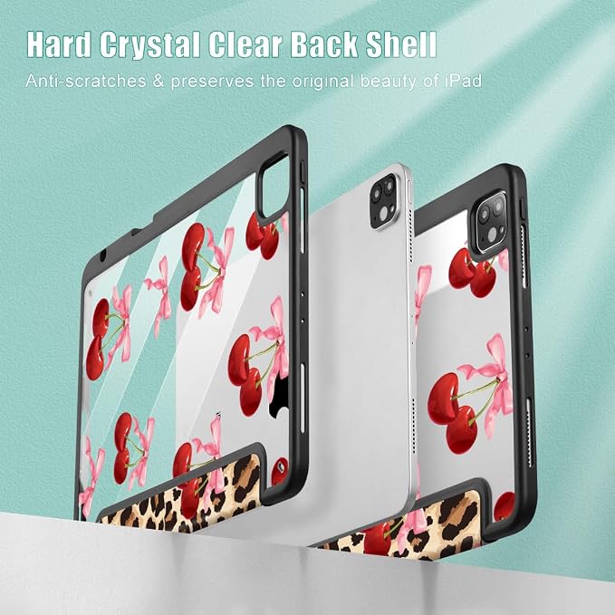 May Chen Case for iPad 12.9 Inch (6th/5th/4th/3rd Generation 2022/2021/2020/2018) Pencel Holder + Trifold Support Auto Sleep/Wake Transparent Shockproof Back Cover Blue Bows