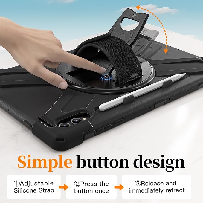 Case for Galaxy Tab S10 FE+ 13.1 2025 with Screen Protector+360 Rotating Hand Strap&ampStand+Shoulder Strap (Black)