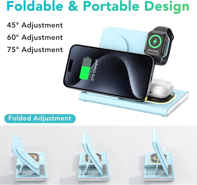 3 in 1 Foldable Wireless Fast Charging Station for Apple Multiple Devices | iPhone Charging Station for iPhone 17 Travel iWatch Charger Stand Light Nightstand Charging Dock for Apple Watch/Airpods