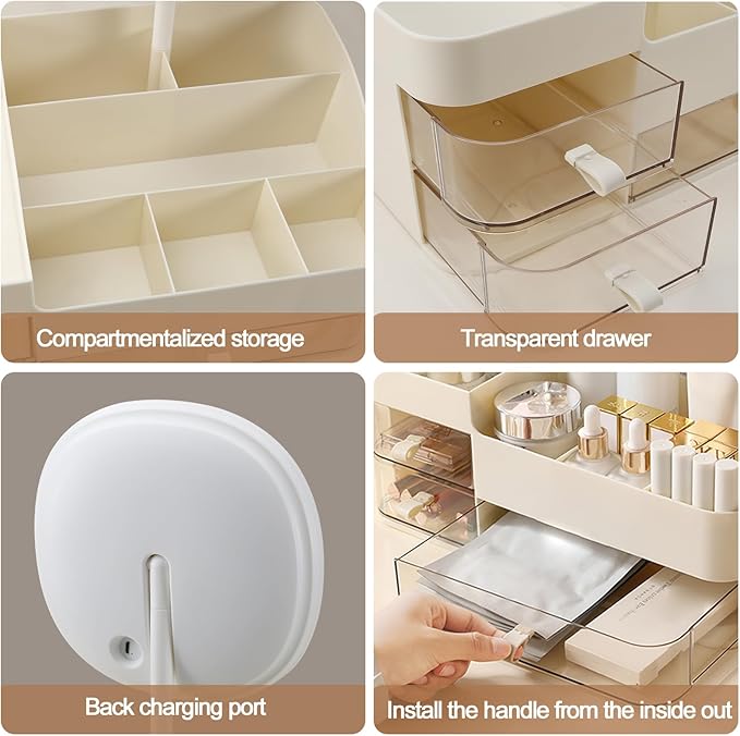 DASITON Makeup Organizer with Rechargeable Mirror and 3 Drawers,Skincare and Cosmetics Organizer Countertop,Makeup Brush Holder,Large Cosmetic Display Case for Vanity,Desk,Bathroom,Bedroom(Cream)