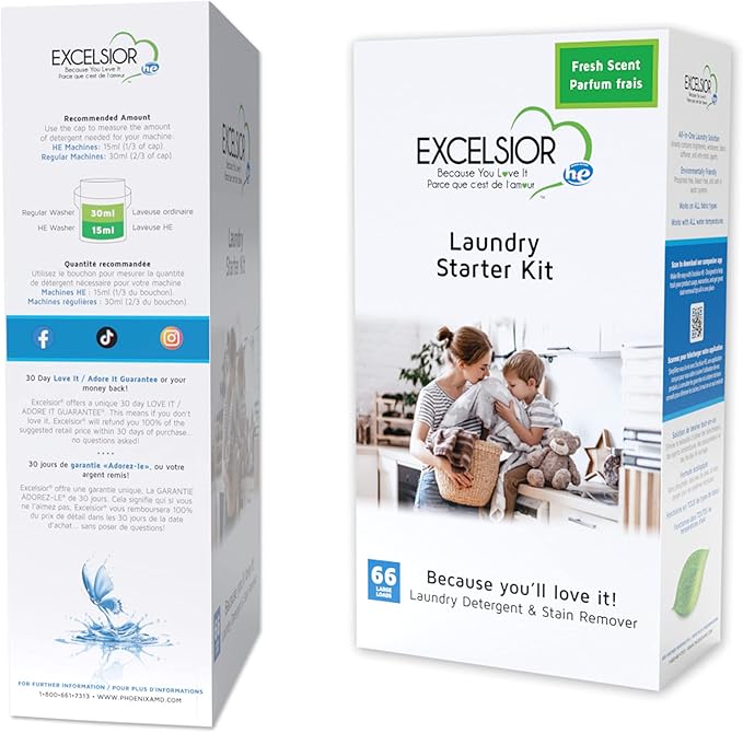 Excelsior - HE Liquid Laundry Detergent with Natural Stain Remover for 66 Loads - Fresh Scent - 1 Liter Eco-friendly Laundry Detergent Starter Pack (1 Pack)