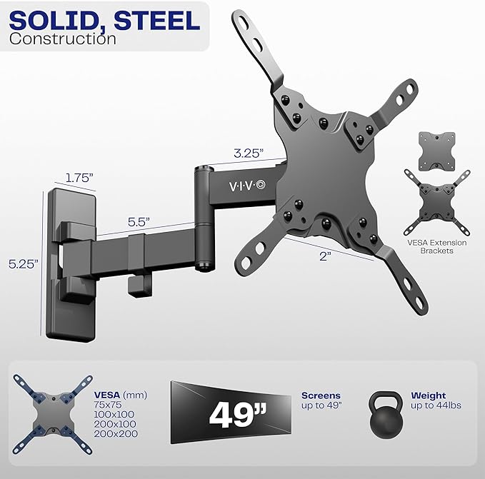 VIVO Full Motion Ultrawide Monitor Wall Mount, Fits Ultra-Wide Screens up to 49 inches and 44 lbs, Wide VESA Range with Tilt and Swivel, Black, MOUNT-VW06