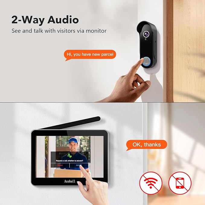 ACEBELL Wireless Video Doorbell Intercom System Battery Operated, 1080P Video Doorbell Camera with Monitor Wireless, Video Door Phone with 7''Touch Screen, Motion Detection, No Monthly Fees
