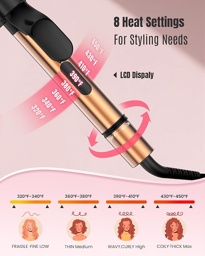 Mescomb 1.25 inch Long Barrel Curling Iron 1 1/4 inch with 8 Heat Settings, 10-Minute Curls, Ceramic Curling Iron, 30s Fast-Heating, Beach Waver/Volumized/, 110-240V for Travel, 60 Mins Auto Off