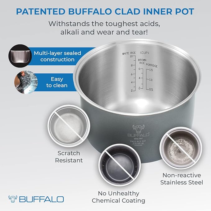 Buffalo Rice Cooker Stainless Steel Inner Pot Rice Maker Large, 10 Cup