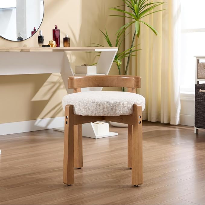 DUOMAY Modern Chenille Vanity Stools Set of 2, Upholstered Low Back Ottomans with Solid Wood Legs Cute Round Footrest Makeup Stools Dressing Seat for Living Room Bedroom, Beige