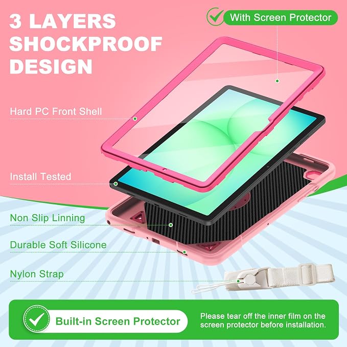 Case for Samsung Galaxy Tab A11 Plus 2025 / A9 Plus 2023 11 Inch Tablet CaseGalaxy Tab A11+/A9+ Case with Screen Protector360°Rotating Stand &amp Shoulder Strap Pencil Holder (Black)