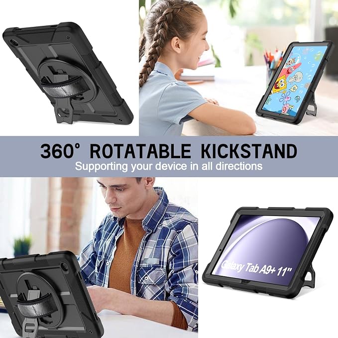 Case for Samsung Galaxy A11+ Plus/ A9 Plus 11 inch 2026/2023 with 360° Swivel Handle Strap Cover with Lanyard Black