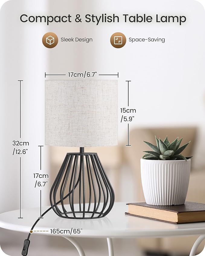 Small Bedside Table Lamp, Black Table Lamp with Metal Cage & Linen Lampshade, Modern Cute Desk Lamp, Cozy Nightstand Lamp for Bedroom, Living Room, Office, 2700K LED Bulb Included, E06TL05