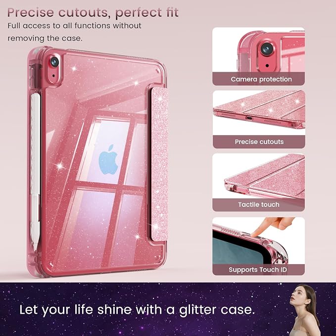 Case for iPad A16 11th/10th Generation 2025/2022 Purple | Glitter Shockproof 10th gen ipad case with Pencil Holder Trifold Stand Auto Wake/Sleep Sparkly ipad a16 case clear