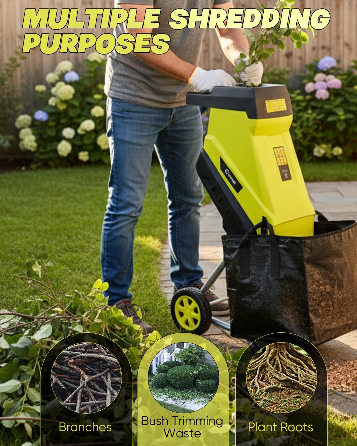 Saker Electric Wood Chipper Shredder 15-Amp Corded 1.8inch Cutting with Collection Bag Double-Sided Blade for Cutting Branches, Clippings, Yard Debris SK-TC110A