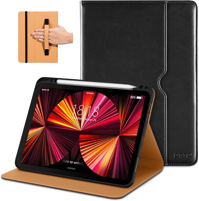 DTTO Case for iPad Pro 11 Inch 4th / 3rd / 2nd / 1st Generation 2022/2021/2020/2018Premium PU Leather Folio Stand Cover with Hand Strap Auto Wake/SleepMultiple Viewing Angles Black