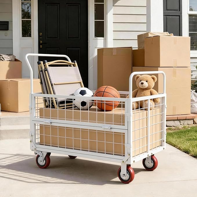 VEVOR Platform Truck Cart with Cage, 2000 lbs Capacity, 6-in-1 Foldable Flatbed Cart with Swivel Wheels, Heavy Duty Hand Truck, Multi-Functional Push Dolly, for Grocery Laundry, 44.5 x 26.6 x 42.1 in