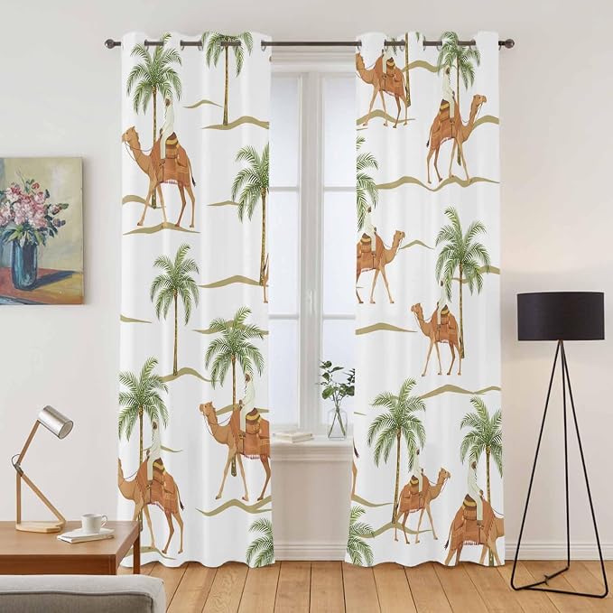 2 Panel Kitchen Cafe Curtains, Desert Camels Sunlight Filtering Nature Air