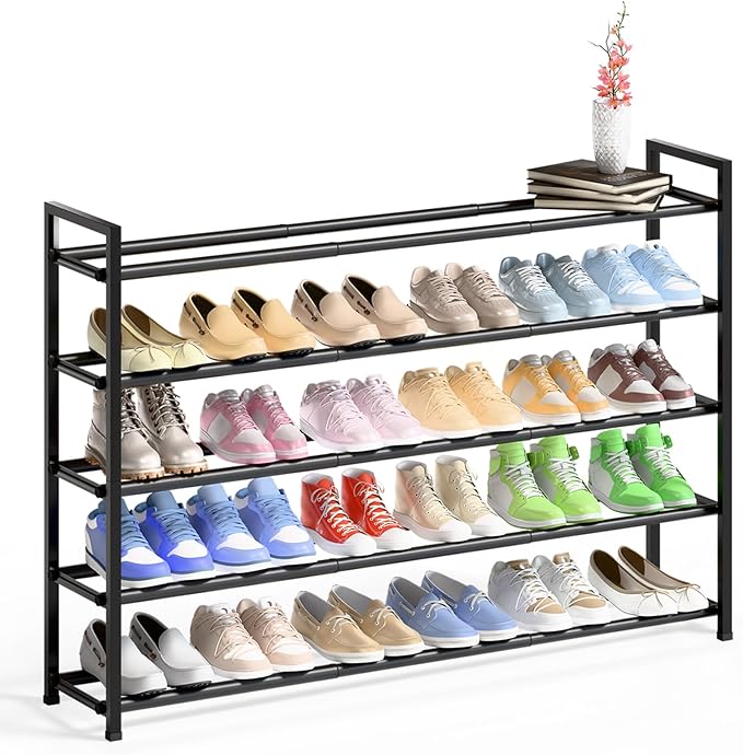 Bumusty 5-Tier Long Expandable Shoe Rack for Closet, 18"-44" Adjustable Shoe Rack for Entryway, 25-30 Pairs Large Shoe Organizer Shelf Storage, Sturdy Metal, Black