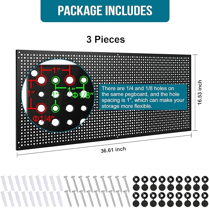 Daanxw Peg Board, 3 Pack 16-Inch X 36-Inch Heavy Duty Steel Pegboard,Heavy Duty Black Pegboard for Walls, Garage, Workbench, Craft Room Tool Organization, Metal Pegboard Panels(Black)