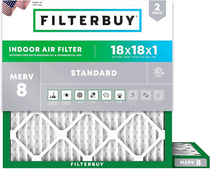 Filterbuy 18x18x1 Air Filter MERV 8 Essential Dust & Allergy Defense,