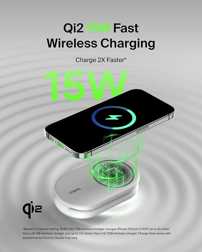 Belkin Qi2 15W Magnetic Wireless Charger 2 in 1 Foldable Non-Slip | MagSafe compatible iPhone 16 Apple Watch Samsung Galaxy S25 compatible power adapter included