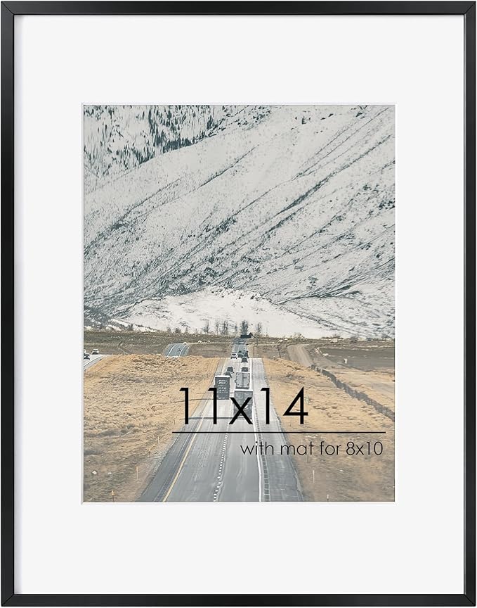 11x14 Picture Frame - 11 by 14 Metal Picture Frame With Mat For 8x10 | 14x11 Frame Aluminum | Plexiglass And Hanging Hardware Included | 11x14 Poster Frame | Black