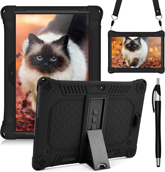 DETUOSI Case for YELLYOUTH 10.1 Tablet Soft Silicone Lightweight Case Compatible with Dragon Touch Notepad K10 ZONKO 10.1 Beyond Tab 10.1 with Stylus Pen and Shoulder Strap Black
