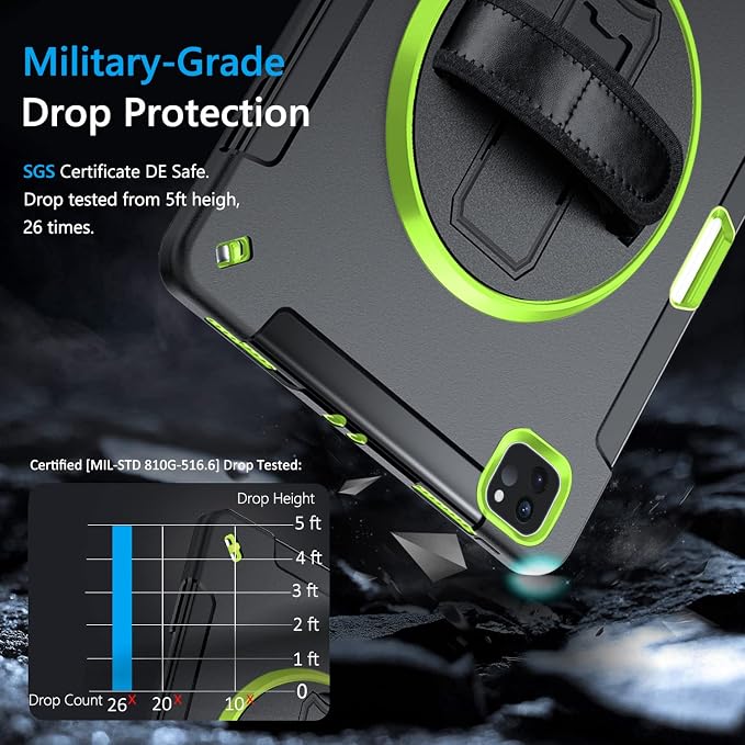 Miesherk Case for iPad Pro 12.9 Inch 6th/5th/4th GenShockproofGreen | Military Grade Heavy Duty Shockproof iPad Pro 12.9 Case - Rotating Stand Pencil Holder Hand/Shoulder Strap